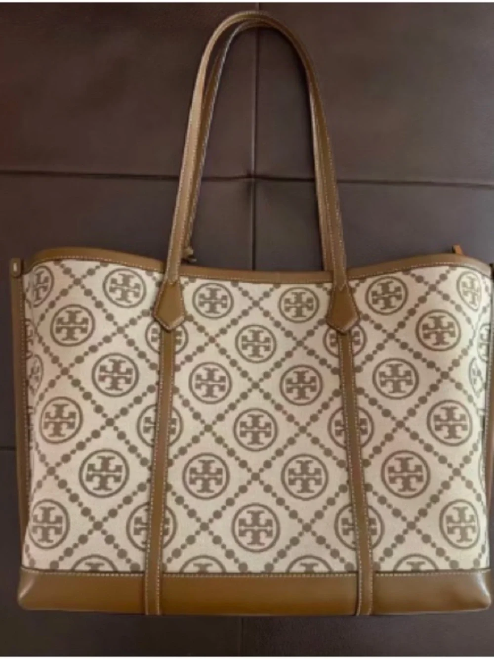 Tory Burch Cream and Brown Logo-Print Canvas Tote